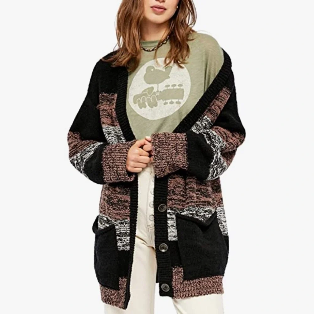 FREE PEOPLE SOUTHPORT BEACH WIDE STRIPE CARDIGAN BLACK COMBO SMALL MEDIUM